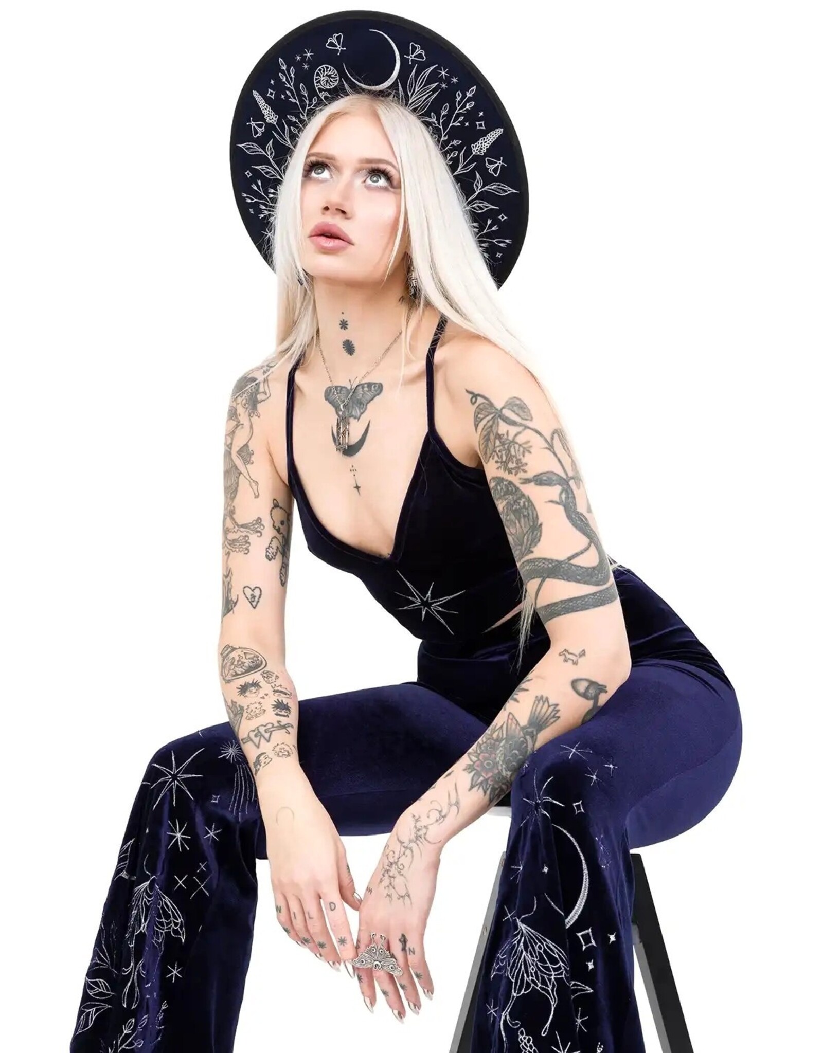 Restyle Gothic and Steampunk accessories - Stellar Glow Hat with Silver Moth & Celestial Embroidery