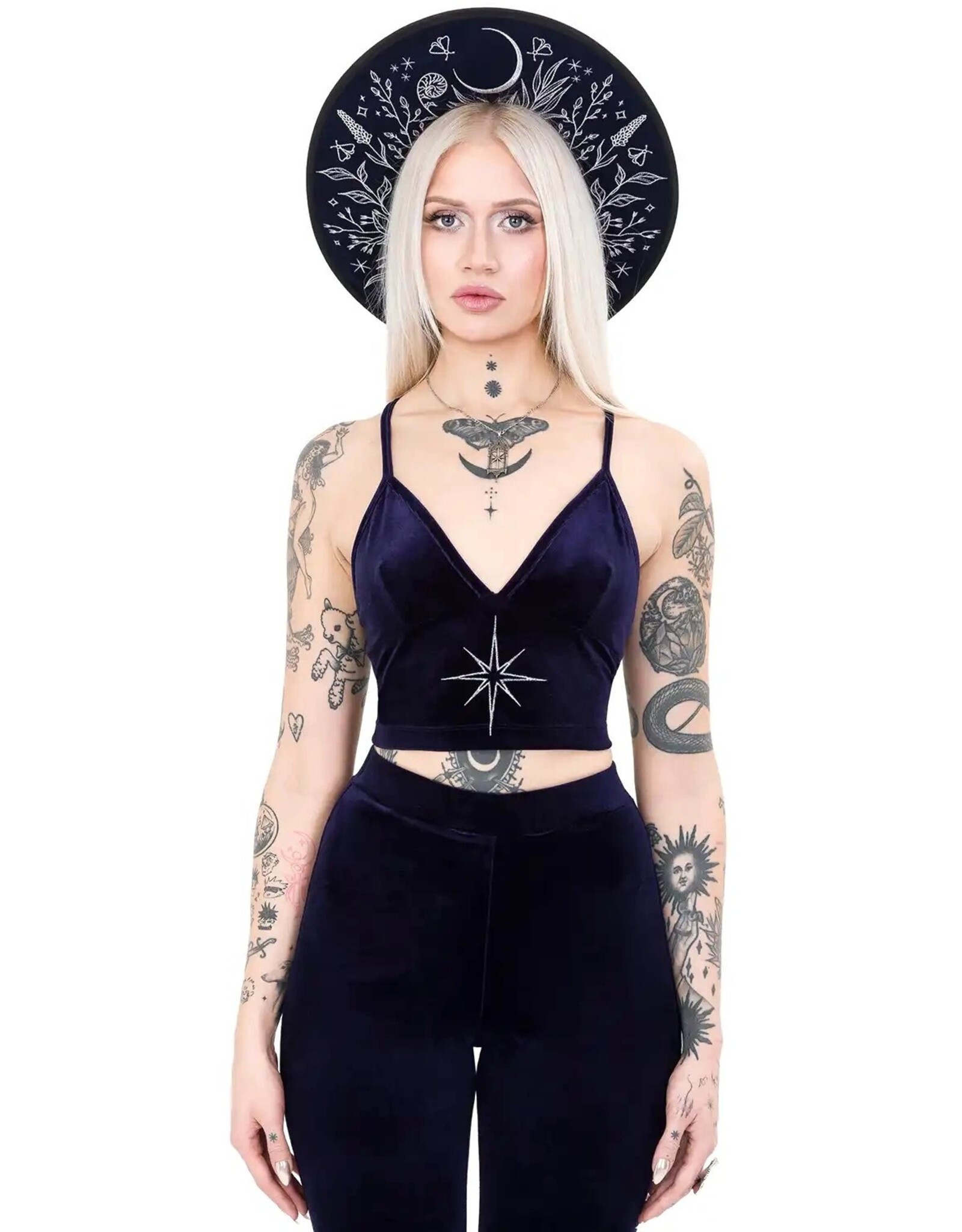 Restyle Gothic and Steampunk accessories - Stellar Glow Hat with Silver Moth & Celestial Embroidery
