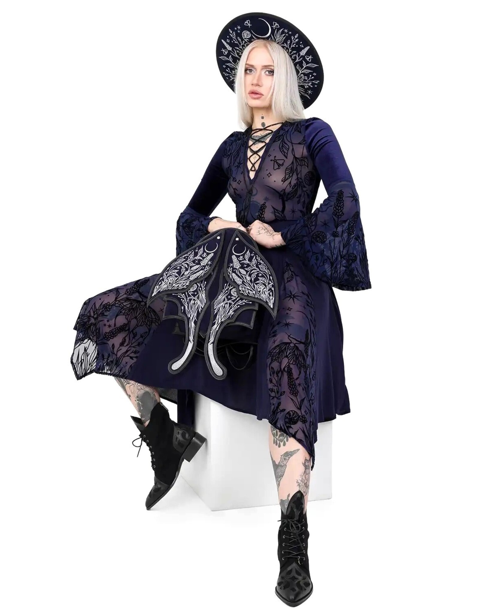 Restyle Gothic and Steampunk accessories - Stellar Glow Hat with Silver Moth & Celestial Embroidery