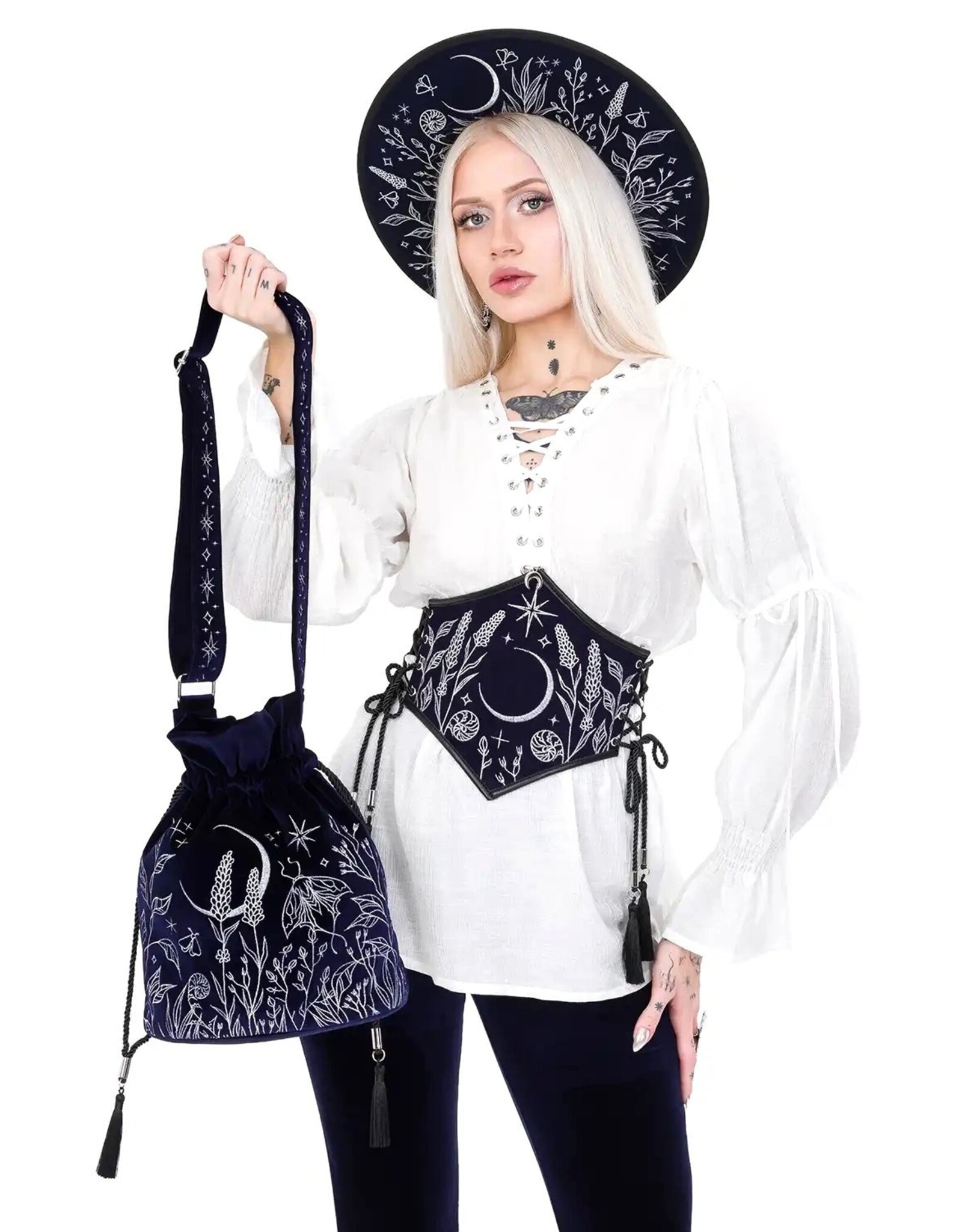 Restyle Gothic en Steampunk accessoires -Stellar Glow Hoed met Zilveren Motten en Hemels Borduurwerk