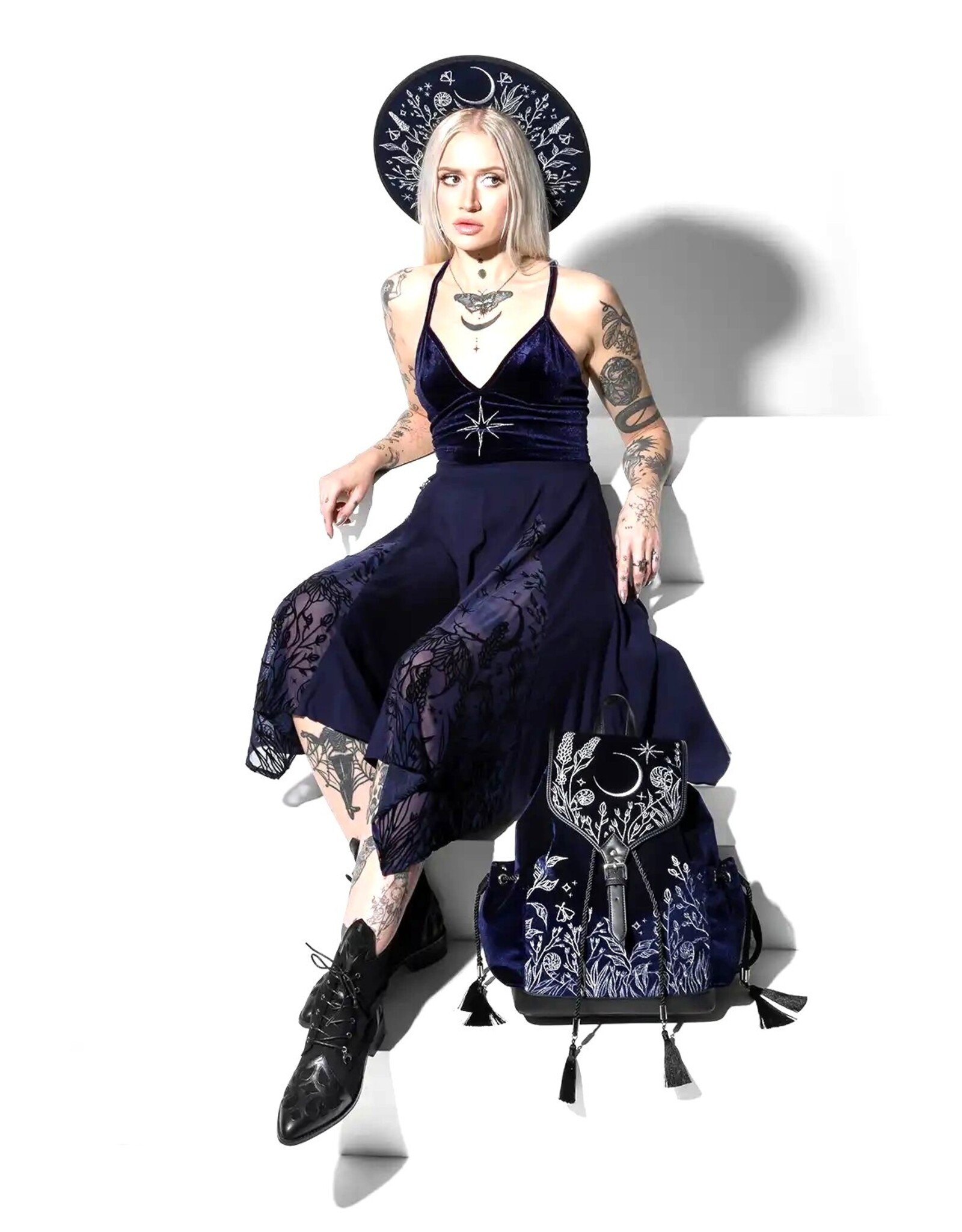 Restyle Gothic and Steampunk accessories - Stellar Glow Hat with Silver Moth & Celestial Embroidery