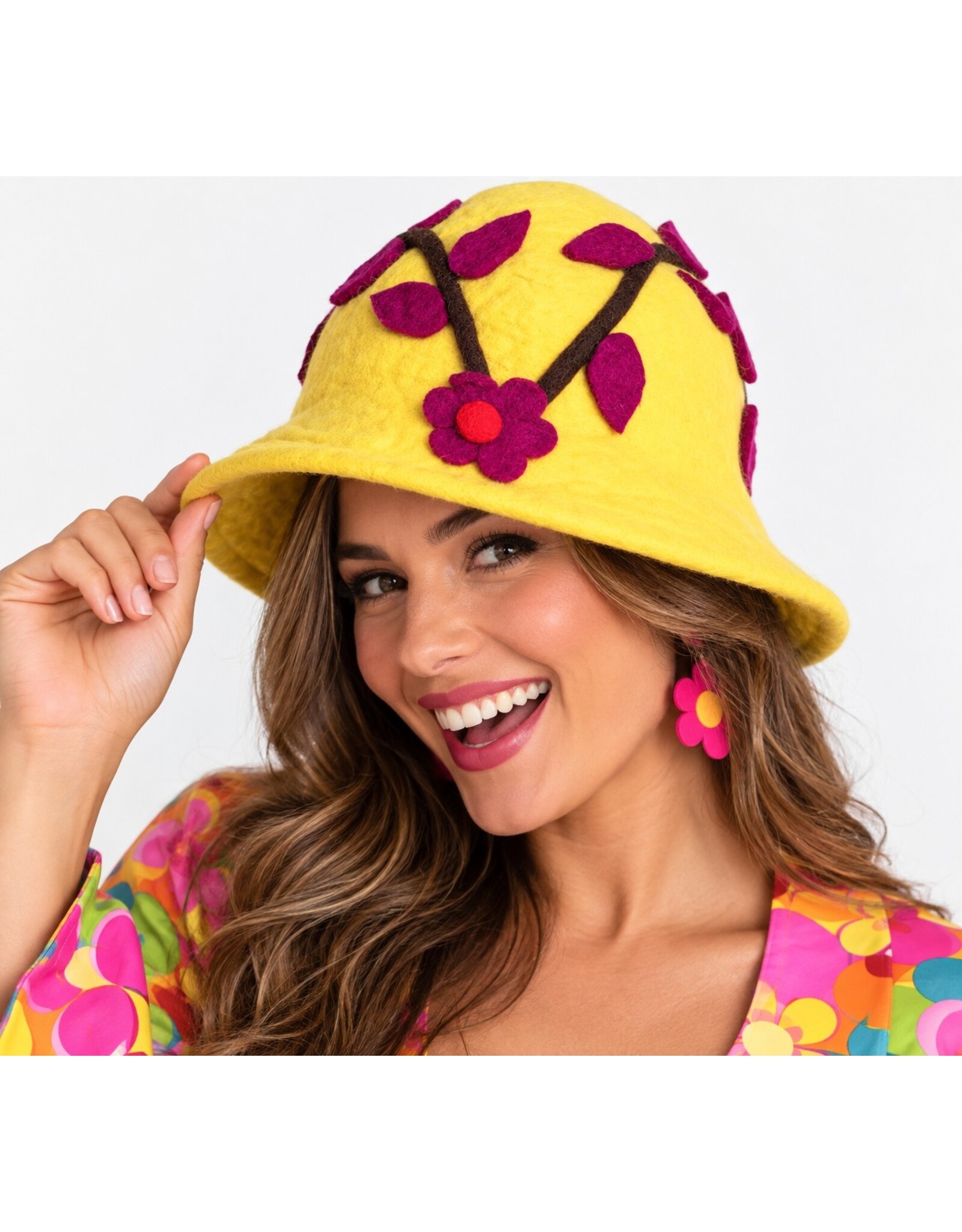 Trukado Miscellaneous - Felt hat - Sauna cap with Flower and Leaves (yellow)