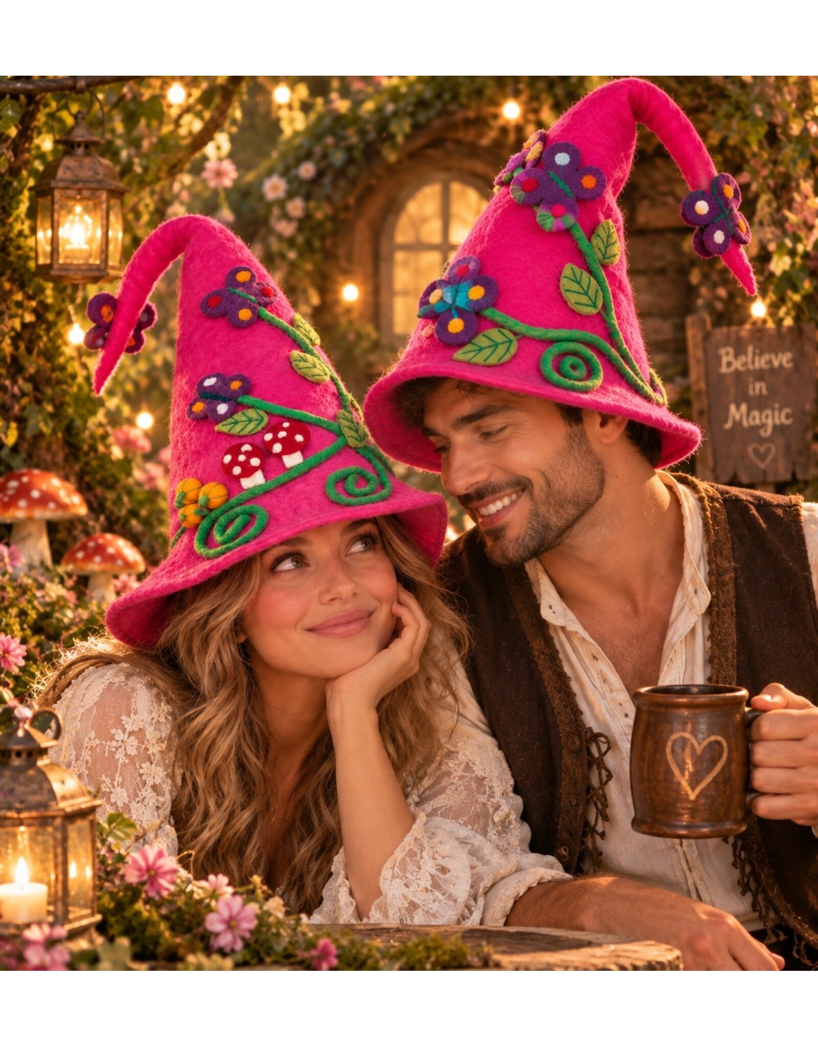 Trukado Miscellaneous - Pink Felt Pointed Hat with Pumpkins and Mushrooms