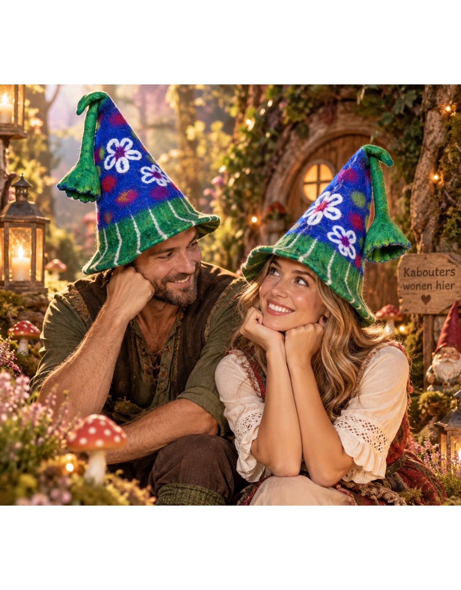 Trukado Miscellaneous - Felt Pointed Hat with Flowers Blue-green