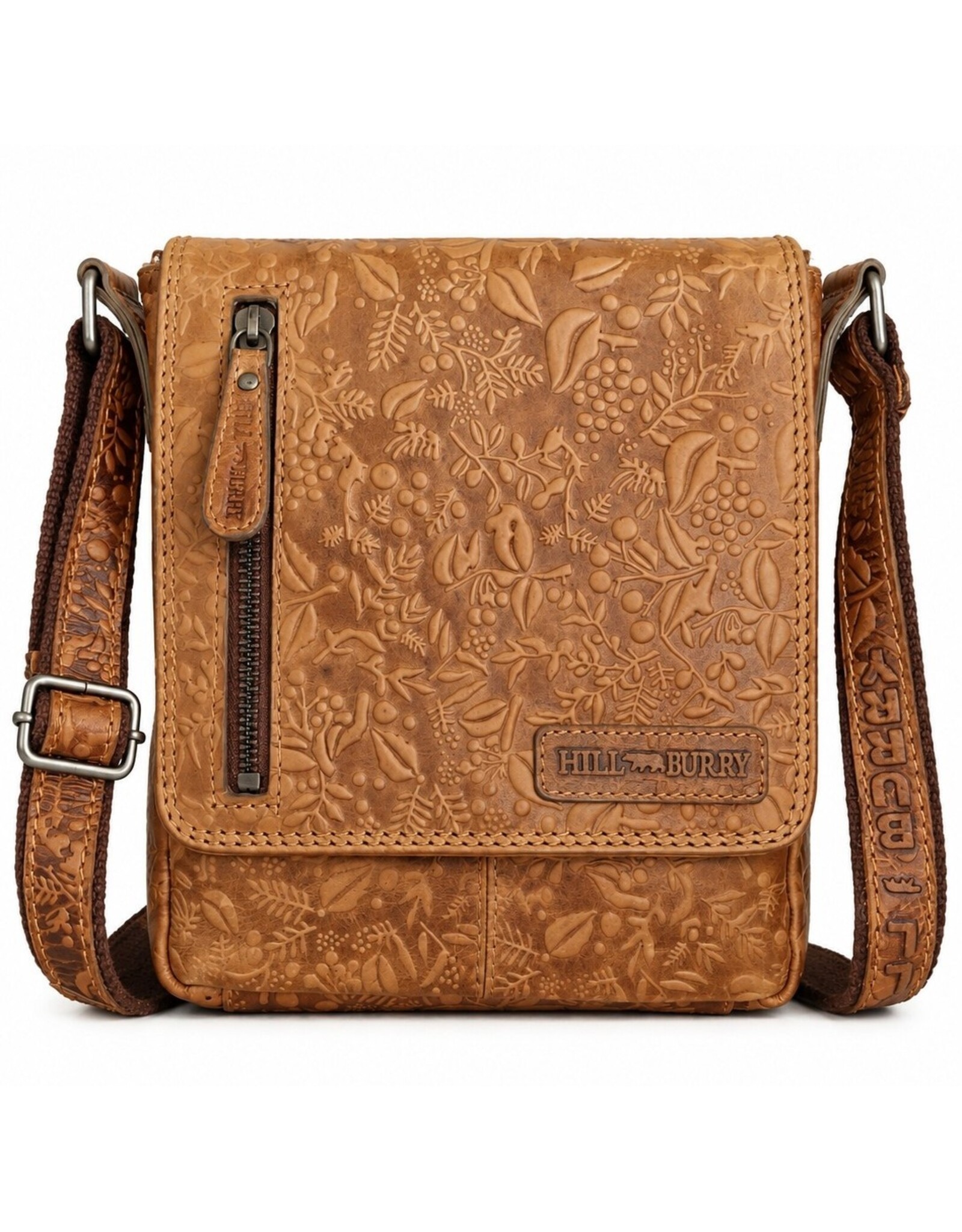 HillBurry Leren tassen - HillBurry Leren Schoudertas met Bloemenmotief Naturel