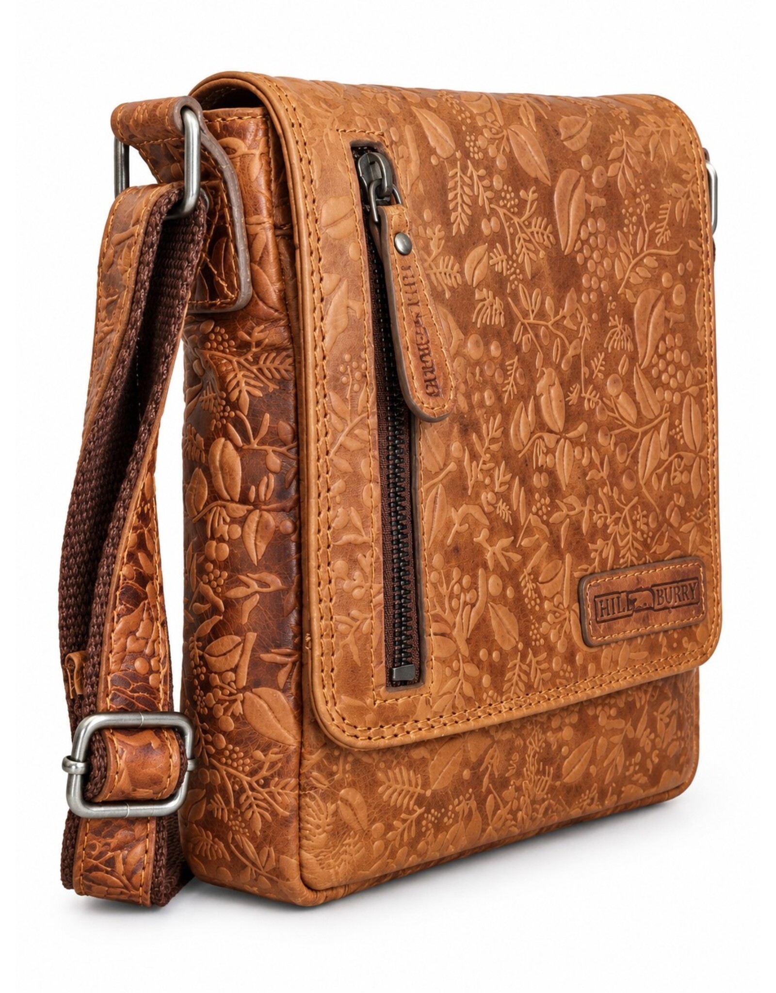 HillBurry Leren tassen - HillBurry Leren Schoudertas met Bloemenmotief Naturel