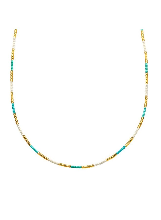 Kralen Choker Blauw-Wit-Goud Indian Style