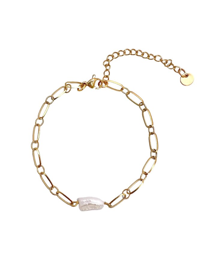 Armband chunky goud met Biwa parel wit