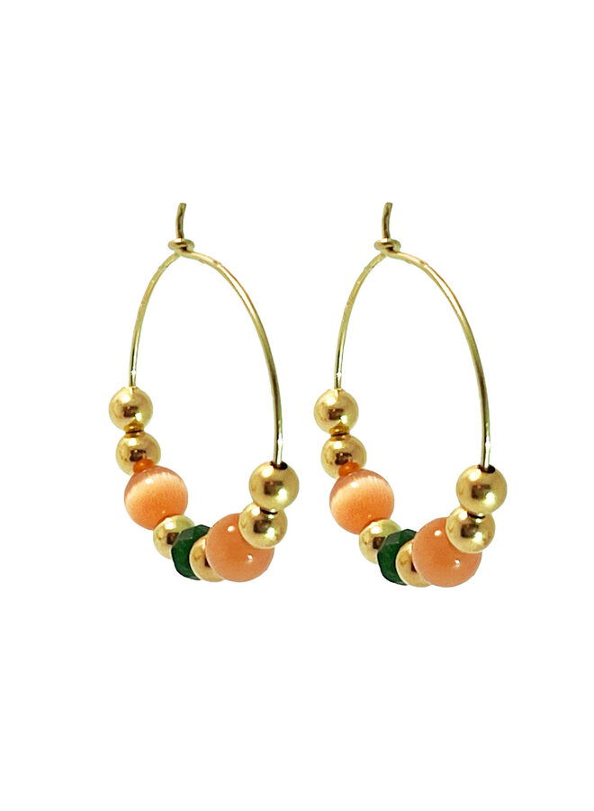 Oorringen groene Jade oranje cateye goldfilled