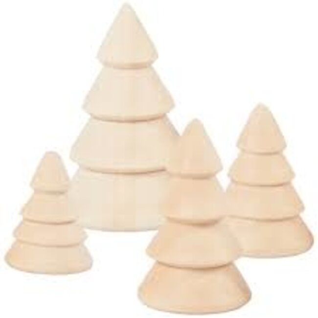 Houten kerstbomen, set 4 stuks