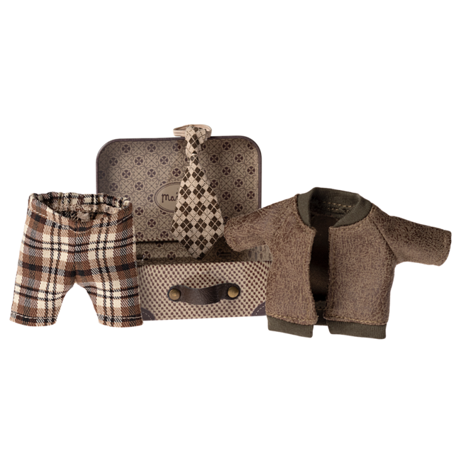 Maileg Jas, broek en stropdas in koffer, opa muis