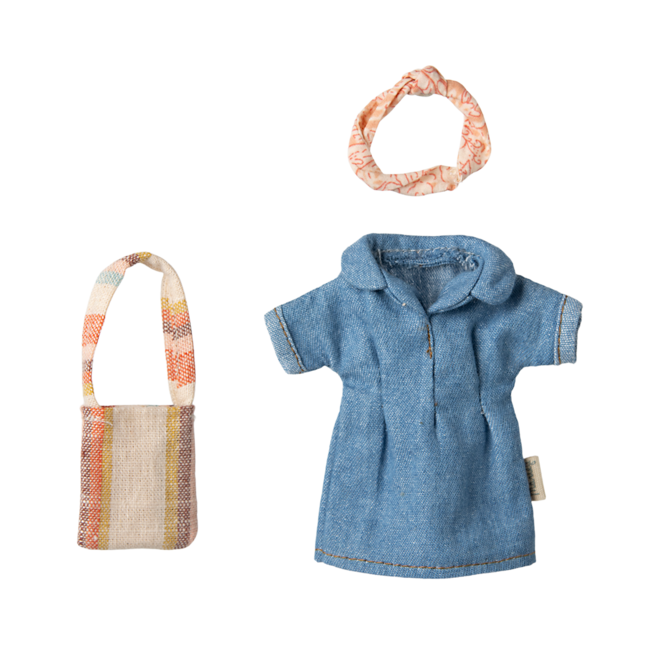 Maileg jurk, tas en haarband Denim - moeder muis