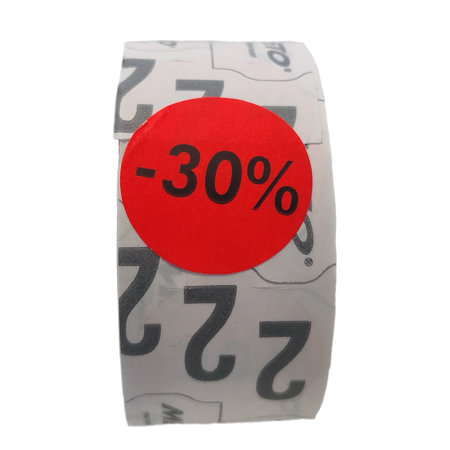 METO Kortingsetiketten -30% (26mm, rond Fluor Rood, 700 st)