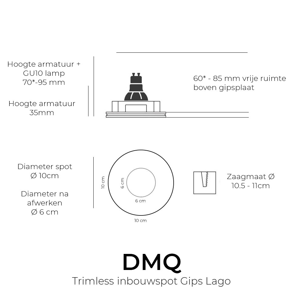 Wanten Sinis Hardheid DMQ Trimless Inbouwspot Gips rond GU10 - Lage inbouwdiepte - DMQ