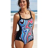 Susa Candice prothese badpak zonder beugel met licht voorgevormde cup in zwart met frisse print in blauw, rood & wit