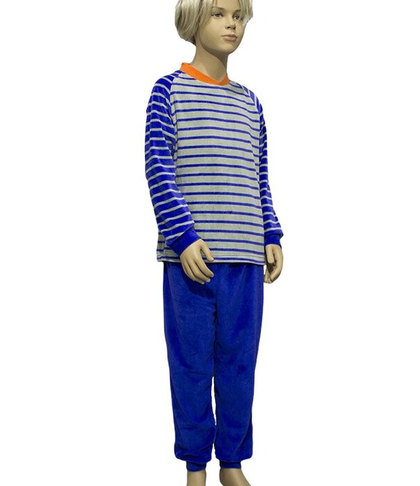 Lunatex Lunatex Beau velours jongenspyjama kleur blauw of grijze streepprint broek uni kleur blauw