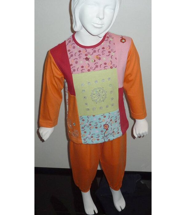 Lunatex  Chanty katoenen meisjes pyjama patchwork lime of oranje mt 92 tm 128