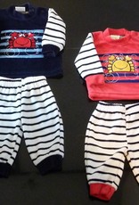Lunatex  baby pyjama velours  rood of marineblauw gestreept met afbeelding van kreeft mt 50 of 56
