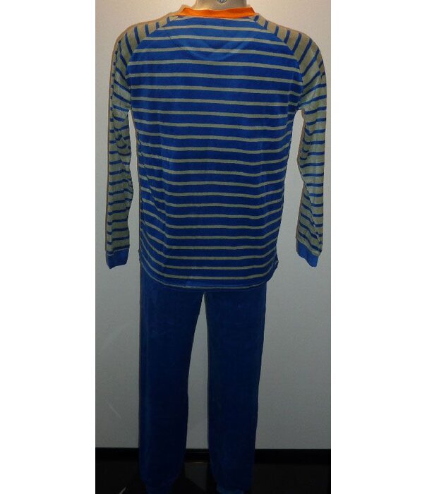Lunatex Lunatex Beau velours jongenspyjama kleur blauw of grijze streepprint broek uni kleur blauw