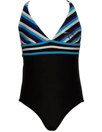 meisjes badpak kleur zwart met blauwe streepprint
