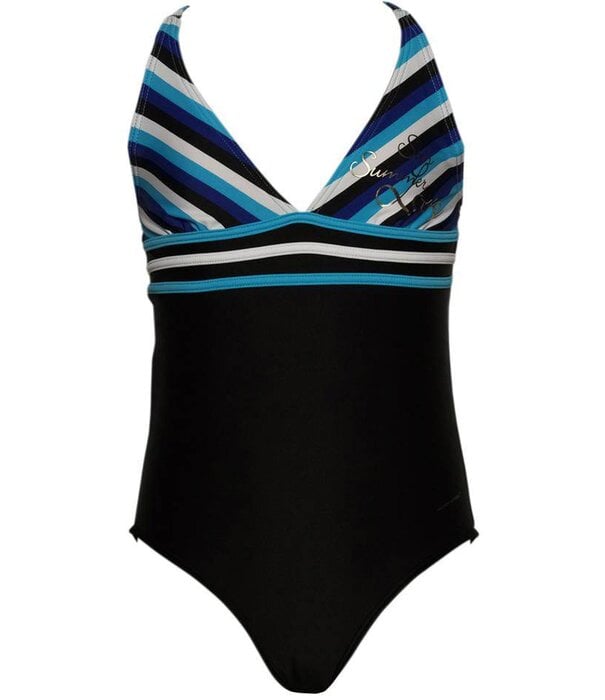 Nickey Nobel Nickey Nobel  meisjes badpak Jamila kleur zwart met blauwe streepprint de maten 116 of 128