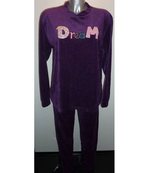 Lunatex Lunatex  Ellen velours meisjespyjama purple met stoffen applicatie DREAM