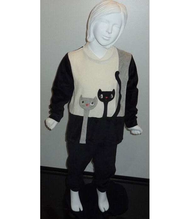 Lunatex  Leeza velours meisjes pyjama ivoor, zwart of grijs met poezen applicatie