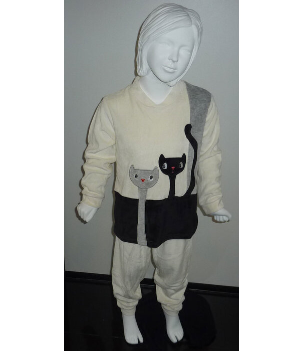 Lunatex Lunatex  Leeza velours meisjes pyjama ivoor, zwart of grijs met poezen applicatie