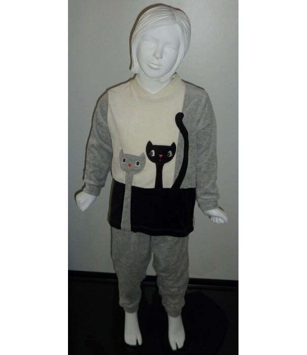 Lunatex Lunatex  Leeza velours meisjes pyjama ivoor, zwart of grijs met poezen applicatie
