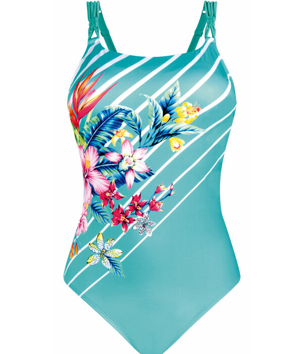 Amoena  Amoena Honolulu prothese badpak zonder beugel & licht voorgevormd cup kleur turqouise met print bloem