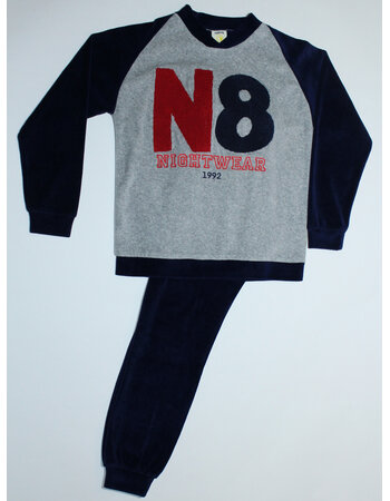 Lunatex  Yves stoere velours jongenspyjama kleur marine gecombineerd met grijs mt 128 of 140