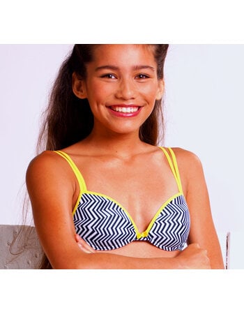 Boobs & Bloomers Zig Zag Bh graphic print wit & zwart met citroene gele bies