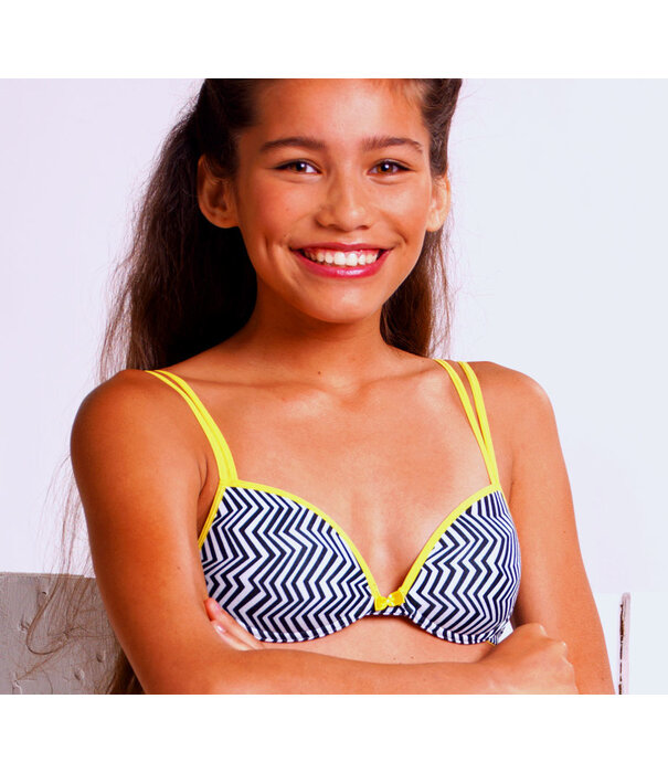 Boobs & Bloomers Zig Zag Bh graphic print wit & zwart met citroene gele bies