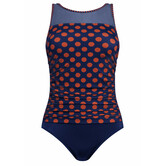 Amoena Alabama chloorbestendige prothese badpak zonder beugel & licht voorgevormde cup kleur navy met brique kleurige dots
