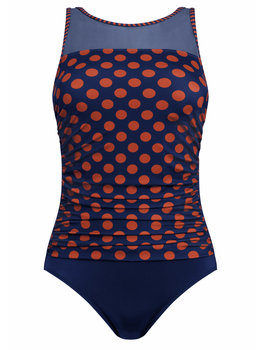 Amoena lingerie Alabama chloorbestendige prothese badpak zonder beugel & licht voorgevormde cup kleur navy met brique kleurige dots