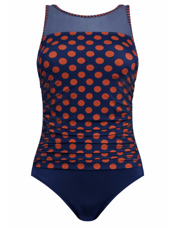 Amoena Alabama chloorbestendige prothese badpak zonder beugel & licht voorgevormde cup kleur navy met brique kleurige dots