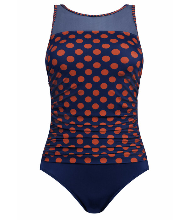 Amoena  Amoena Alabama chloorbestendige prothese badpak zonder beugel & licht voorgevormde cup kleur navy met brique kleurige dots