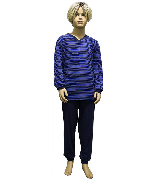 Lunatex  Jairo katoenen single Jersey jongenspyjama blauw met streepprint mt 152 t/m 176