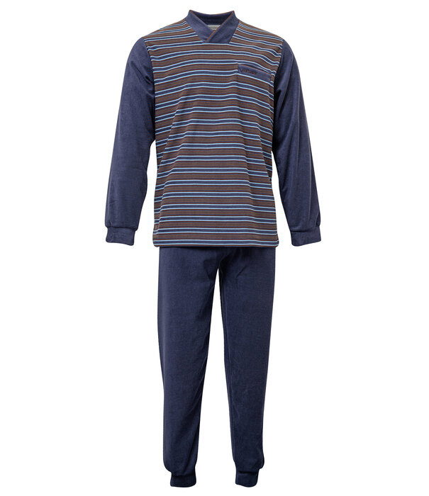 Lunatex Lunatex Gentlemen Landon badstof herenpyjama – grijs met bruin‑blauwe streepprint (M & L)