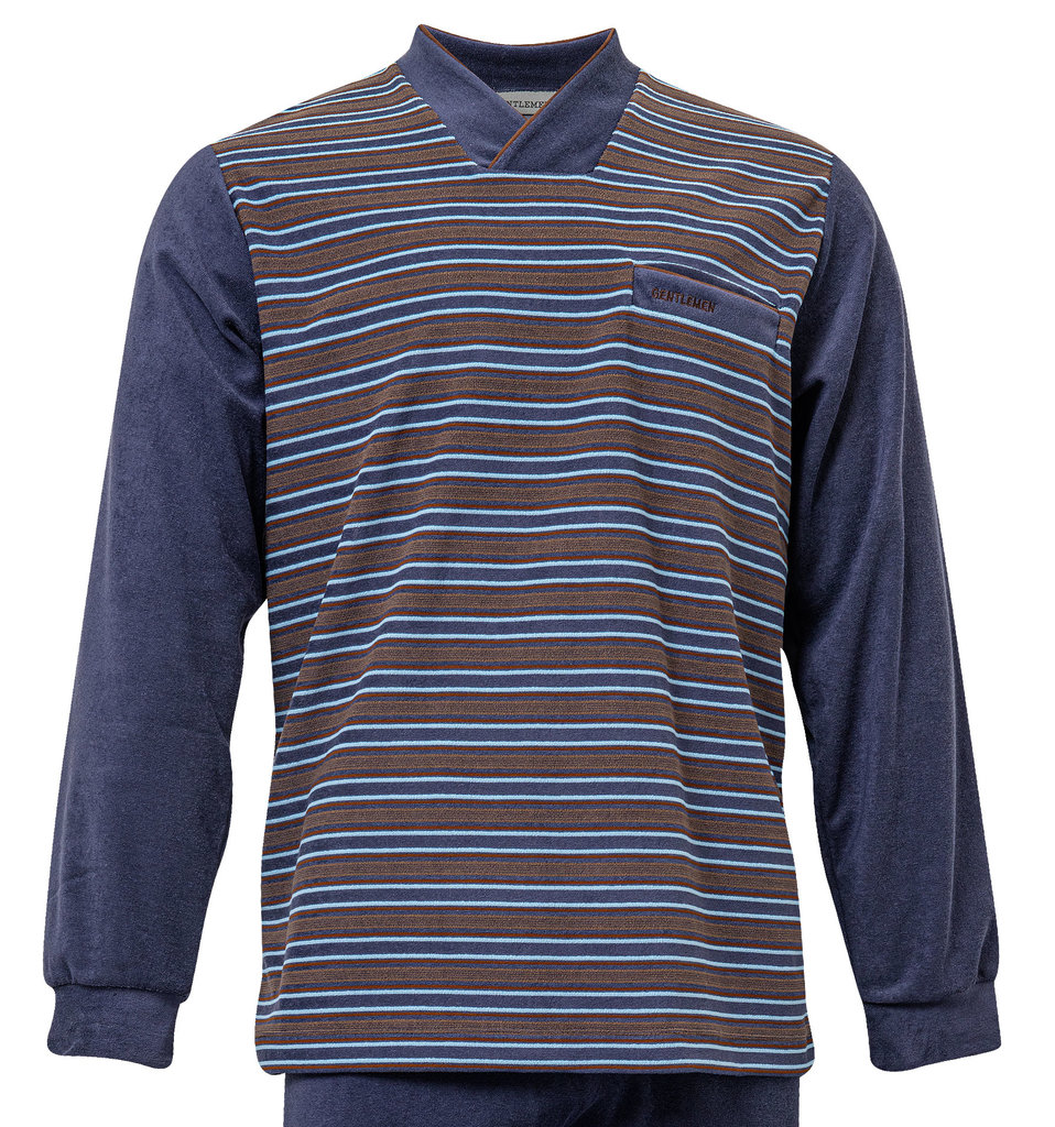 Lunatex Lunatex Gentlemen Landon badstof herenpyjama – grijs met bruin‑blauwe streepprint (M & L)