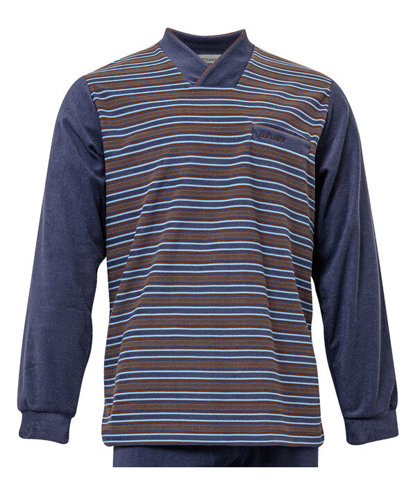 Lunatex Lunatex Gentlemen Landon badstof herenpyjama – grijs met bruin‑blauwe streepprint (M & L)