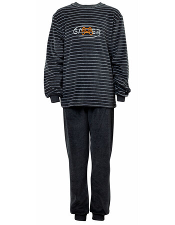 Lunatex Scott velours jongenspyjama jasje grijs gestreept & broek uni kleur grijs mt 128 of 140