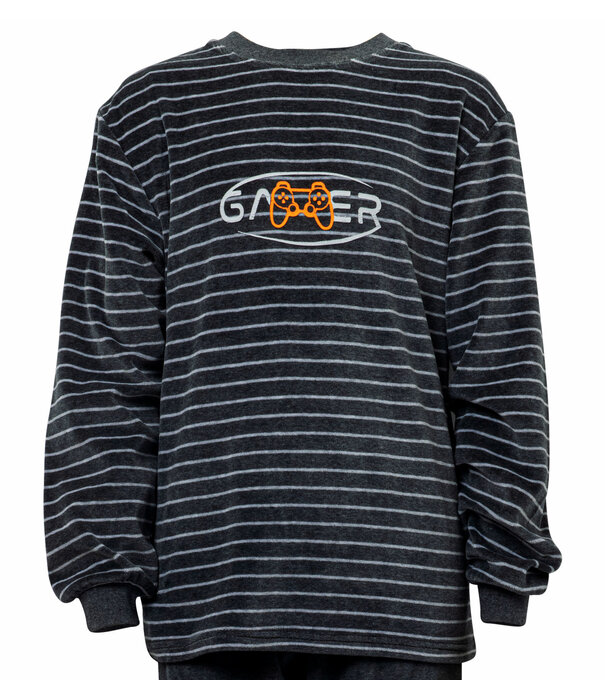 Lunatex Lunatex Scott velours jongenspyjama jasje grijs gestreept & broek uni kleur grijs mt 128 of 140