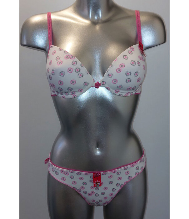 Boobs & Bloomers Boobs & Bloomers Havily microfaser Bh zonder beugel & licht voorgevormde cup, met slip de kleur wit met print grijs & pink