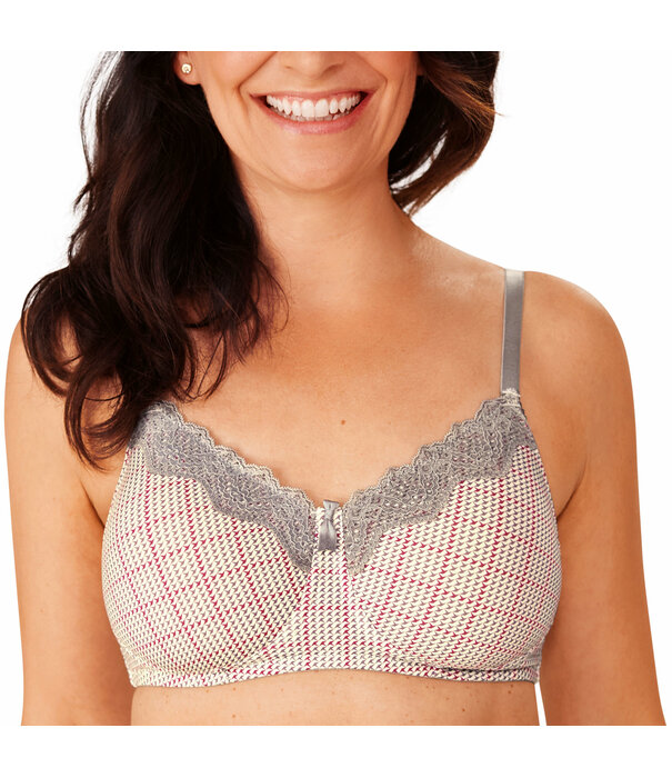 Amoena  Luna prothese Bh zonder beugel, licht voorgevormde cup kleur ivoor met pied de  poule print kleur grijs & rood