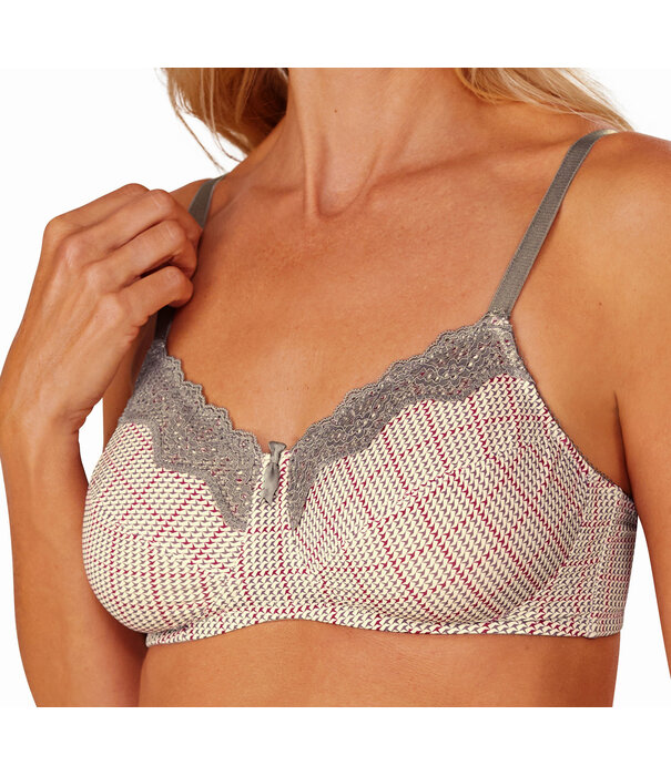 Amoena  Luna prothese Bh zonder beugel, kleur ivoor met pied de  poule print kleur grijs & rood