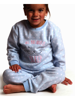 Lunatex Outfitter Alessia Coral Fleece Meisjes Peuterpyjama – Lichtblauw met Witte Dots en Poes‑Applicatie