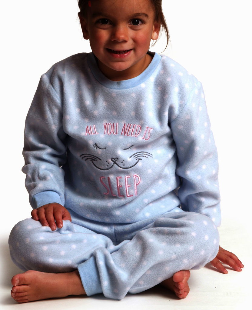 Lunatex Outfitter Alessia Coral Fleece Meisjes Peuterpyjama – Lichtblauw met Witte Dots en Poes‑Applicatie