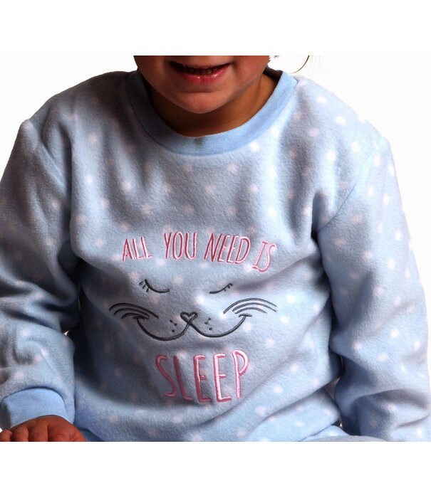 Lunatex Outfitter Alessia Coral Fleece Meisjes Peuterpyjama – Lichtblauw met Witte Dots en Poes‑Applicatie