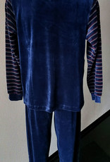 Lunatex Lunatex Ravelo velours herenpyjama met V‑hals – marineblauw met brede rood/witte streepprint – maat XL